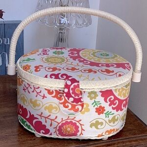 Vintage ivory oval padded floral sewing basket with removable plastic tray